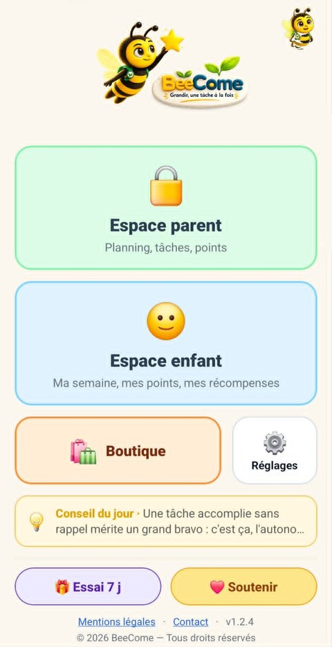 Écran d'accueil de l'application BeeCome : espace parent, espace enfant, boutique, réglages